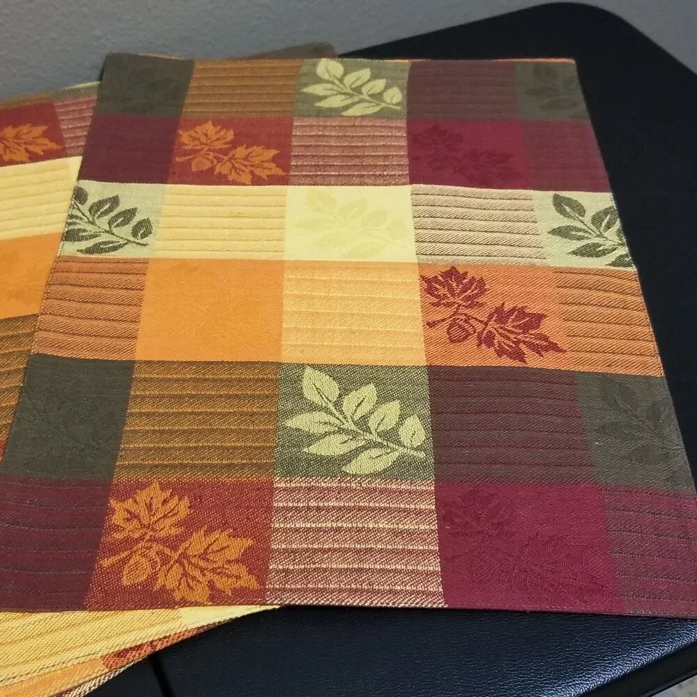 Placemats Set Of 4 100% Cotton Fall Autumn Plaid Leaf Classic Table Decor